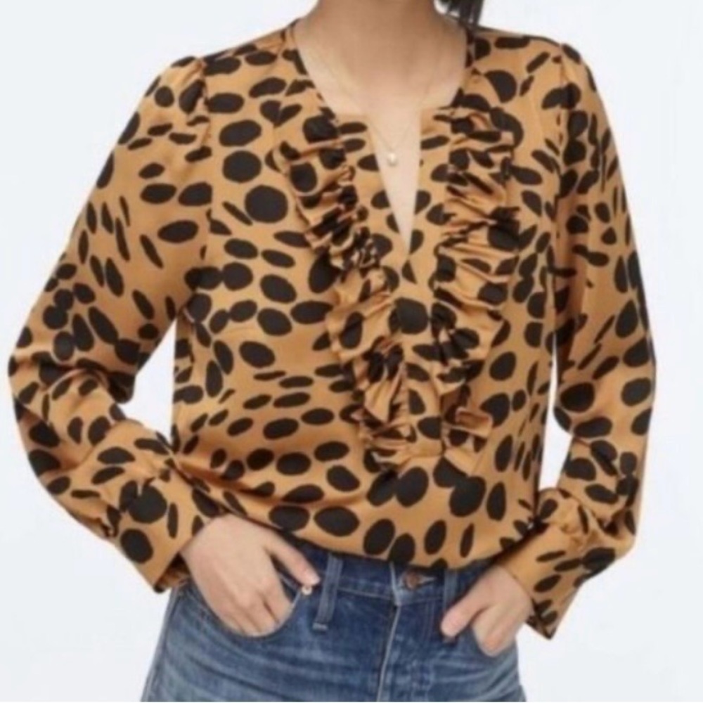 J. Crew Women’s Animal Print Ruffles Blouse Long Sleeve Button Down New M